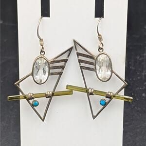 Artisan Sterling Modernist Earrings – Turquoise, Glass Rod & Clear Faceted Stone